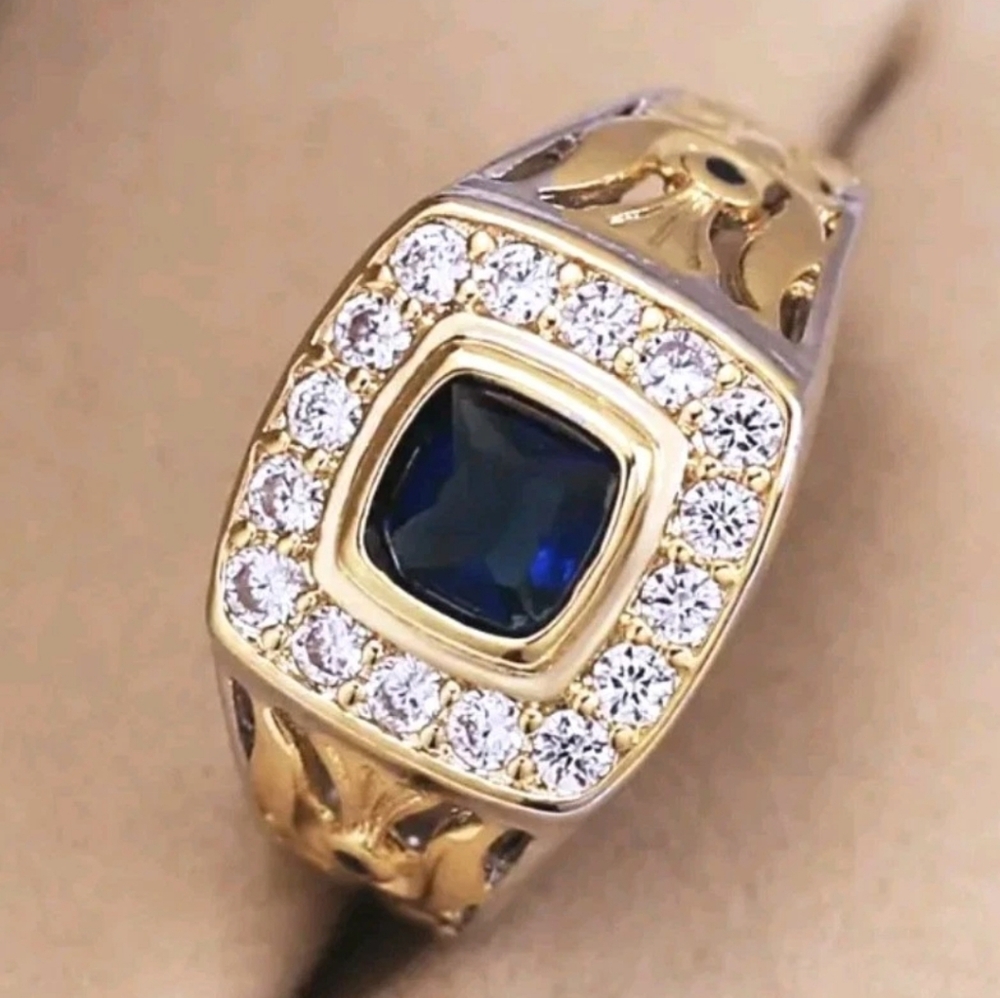 3.5Ct Cushion Cut Lab Created Sapphire Men's Ring 14K Yellow Gold Plated Sz 9